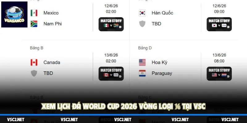 Xem lịch đá world cup 2026 vòng ⅙ nhanh tại VSC